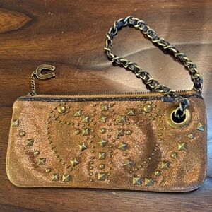 Betsey Johnson Rustic Brass Studded Braided Chain horseshoe Zipper pull Wristlet